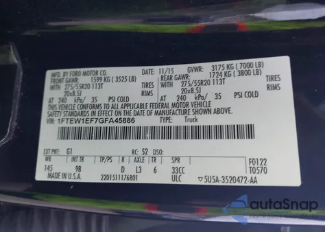 2016 Ford F-150 Platinum z USA, uszkodzony, nr VIN 1FTEW1EF7GFA45886